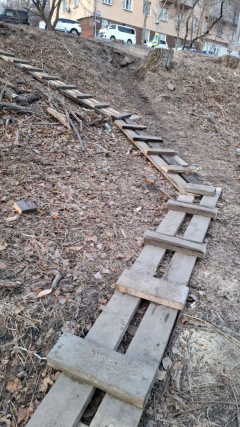 Фото-репортаж: Женщина получила травму при падении с аварийной лестницы во Владивостоке